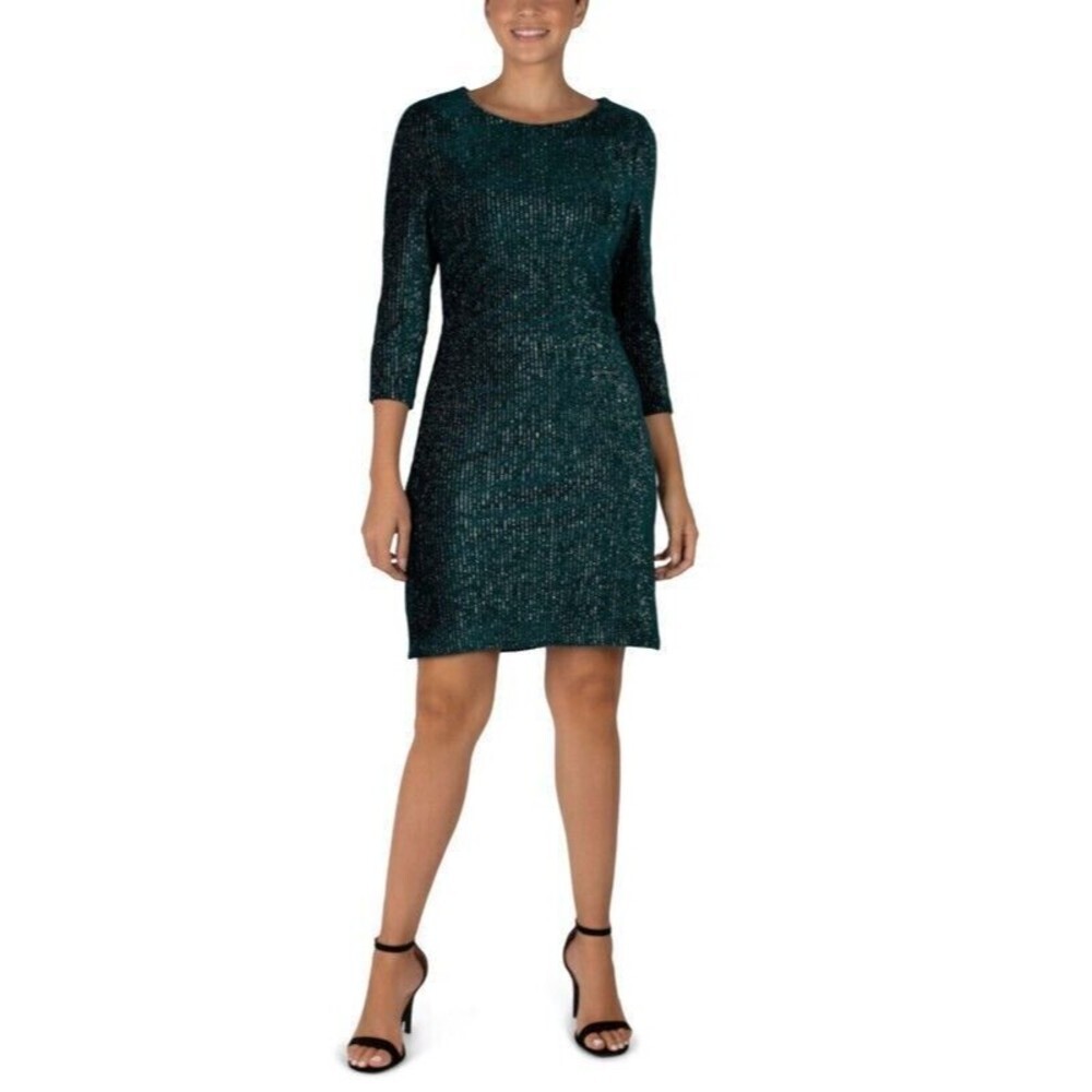NWT‎ Julia Jordan Black Velvet Sequin Sheath Dress 3/4 Sleeve Party Cocktail